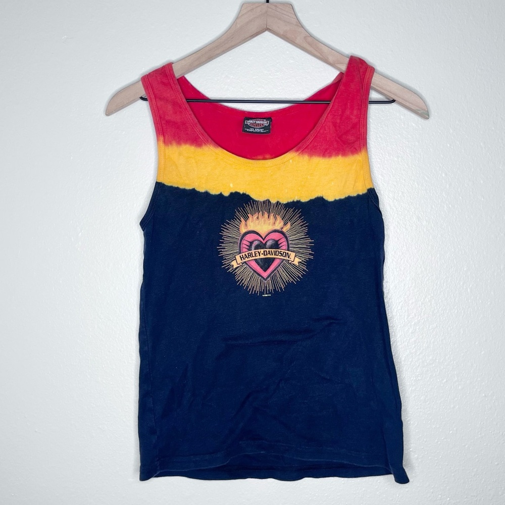 Harley Davidson Tank Top Vintage Y2K Tie Dye Heart Biker Punk Flames Large